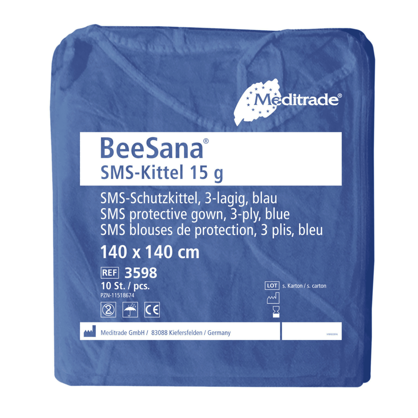Uma embalagem com 100 batas Meditrade BeeSana® SMS 15g (artigo descontinuado) da Meditrade GmbH, para uso único. Informações do artigo em Alemão, Inglês & Francês.