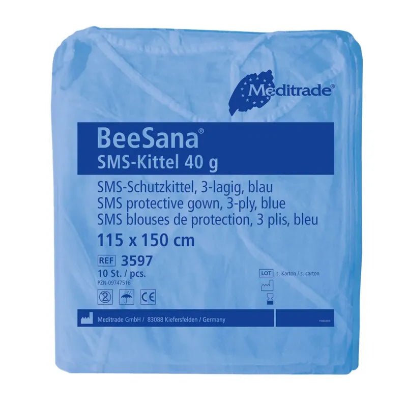 Uma embalagem selada de batas Meditrade BeeSana® SMS de 40 g, de 3 camadas, da Meditrade GmbH, com 10 unidades. A embalagem contém informações sobre o produto e logótipos de certificação.