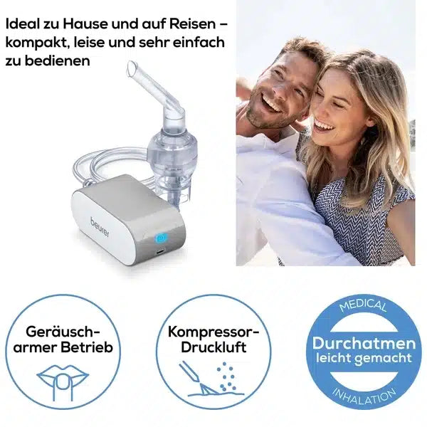 Um casal sorridente tira uma selfie. Acima deles está o artigo descontinuado da Beurer GmbH: pequeno inalador IH 58 e um texto em alemão que descreve a aplicação silenciosa, a tecnologia de compressor e o uso fácil em casa e em movimento para asma ou doenças respiratórias.