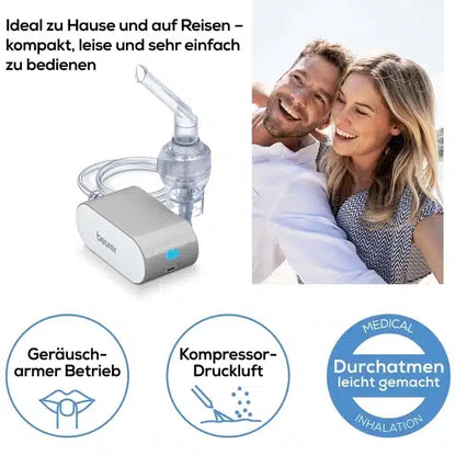 Um casal sorridente tira uma selfie. Acima deles está o artigo descontinuado da Beurer GmbH: pequeno inalador IH 58 e um texto em alemão que descreve a aplicação silenciosa, a tecnologia de compressor e o uso fácil em casa e em movimento para asma ou doenças respiratórias.