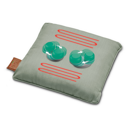 Uma almofada de massagem cinza e quadrada Beurer a bateria MG 139 da Beurer GmbH mostra uma imagem de quatro formas circulares turquesa com setas brancas indicando a rotação. Acima e abaixo dos círculos, são visíveis três conjuntos de linhas vermelhas paralelas. Em uma borda, há uma pequena etiqueta marrom com texto anexado.