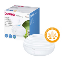 Um Beurer Aroma Diffuser LA 20 em branco com tecnologia de humidificação por ultrassom está ao lado de sua embalagem. A embalagem exibe informações do produto e imagens que destacam o design e a luz LED colorida do difusor. Na imagem também é visível um selo que indica a aromaterapia da Beurer GmbH.