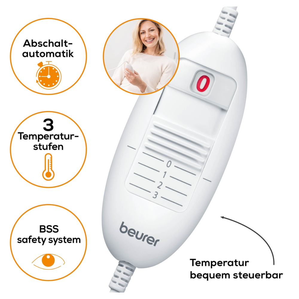 A almofada térmica Beurer HK 35 da Beurer GmbH é um dispositivo de controle branco com interruptor de ligar/desligar e três configurações de temperatura. Os símbolos indicam uma função de desligamento automático, três níveis de temperatura disponíveis e o sistema de segurança BSS. O produto certificado pelo OEKO-TEX® STANDARD 100 também possui uma inserção redonda com uma pessoa sorridente que o utiliza.