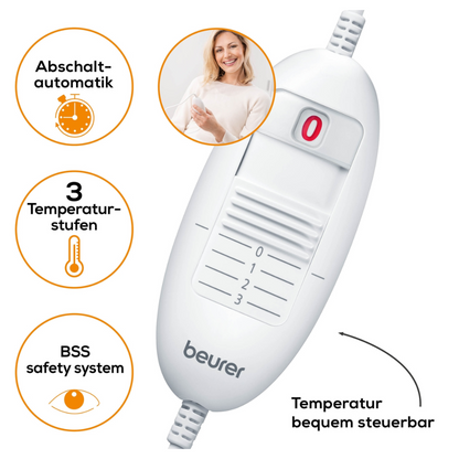 A almofada térmica Beurer HK 35 da Beurer GmbH é um dispositivo de controle branco com interruptor de ligar/desligar e três configurações de temperatura. Os símbolos indicam uma função de desligamento automático, três níveis de temperatura disponíveis e o sistema de segurança BSS. O produto certificado pelo OEKO-TEX® STANDARD 100 também possui uma inserção redonda com uma pessoa sorridente que o utiliza.