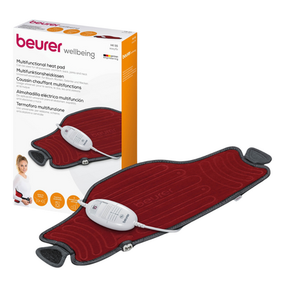 A imagem mostra uma almofada de aquecimento HK 55 Easyfix Beurer, uma almofada de aquecimento multifuncional da Beurer GmbH. A almofada vermelha com borda cinza tem um controlador visível conectado no meio. O produto é exibido em frente à sua caixa de embalagem, destacando sua função de aquecimento rápido e sua adequação para aliviar o abdômen, costas e articulações.
