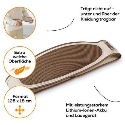 A imagem mostra uma pessoa amarrando um cinto térmico móvel bege Beurer HK 72 com bateria na cintura. O cinto da Beurer GmbH tem uma superfície texturizada e é projetado para ser usado sob ou sobre a roupa. Ele tem uma superfície extra macia, mede 125 x 18 cm e possui uma bateria de íons de lítio potente com função de aquecimento rápido.