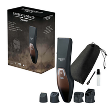 Ilustração do conjunto de modelador de barba HR 4000 da Beurer da "Barber's Corner" da Beurer GmbH. Contém o aparador de barba, quatro acessórios de aparador diferentes, uma escova de limpeza, óleo, uma bolsa de armazenamento com cordão e a caixa de embalagem com uma ilustração do aparador com lâmina de aço inoxidável e logotipo.