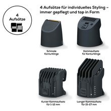 O modelador de barba HR 4000 da Beurer da Beurer GmbH possui quatro acessórios de corte de cabelo intercambiáveis, ideais para qualquer aparador de barba. Inclui uma lâmina de contorno estreita, um acessório de pente curto para 1-12 mm, um acessório de pente longo para 15-27 mm e um acessório de pente para contornos. Na embalagem (1 peça) também há um texto em alemão.