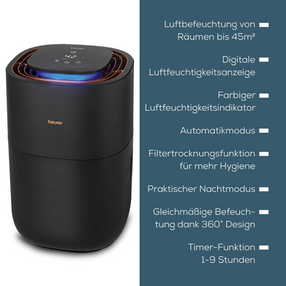 Está ilustrado um humidificador de ar preto Beurer LB 300 da Beurer GmbH com um indicador digital de humidade. As suas características estão listadas à direita em alemão e são: ar ambiente higiénico para até 45m², indicador de humidade colorido, modo automático, função de secagem do filtro, modo noturno, design 360° e função de temporizador.