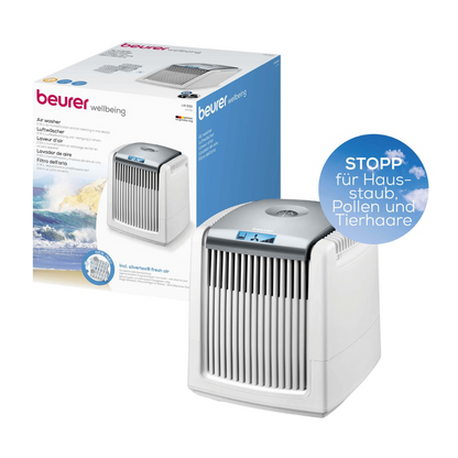 Imagem de um Beurer purificador de ar LW 230 Branco da Beurer GmbH e sua embalagem (Pacote, 1 unidade). O dispositivo é branco com uma placa frontal ventilada e um display no topo. A embalagem destaca suas funções, incluindo a purificação do ar, enquanto um rótulo redondo azul indica que ele para poeira doméstica, pólen e pelos de animais.