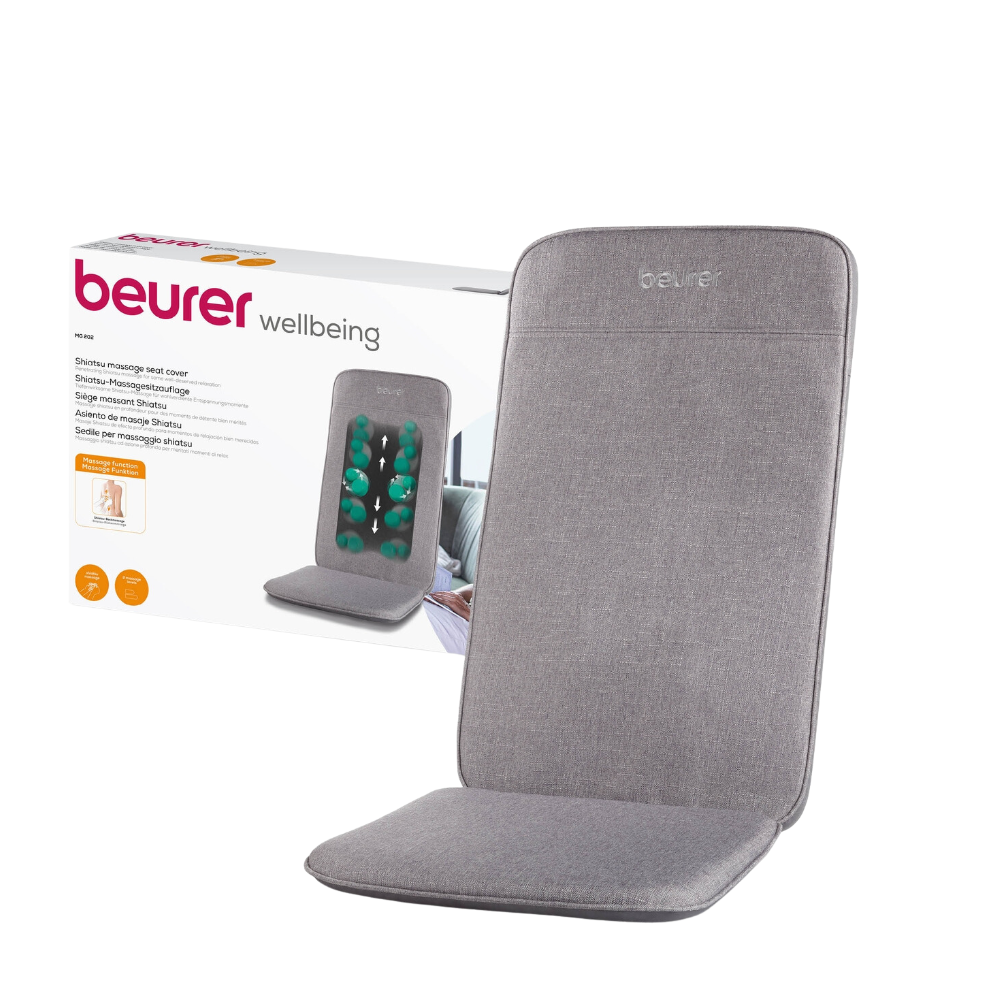 Uma capa de assento de massagem Shiatsu Beurer MG 202 da Beurer GmbH é feita de tecido cinza, ao fundo é visível a caixa da embalagem. Na caixa, o nome do produto "Beurer Wellbeing" aparece junto com uma foto da capa do assento e um texto descritivo sobre as funções de massagem Shiatsu e suas características.