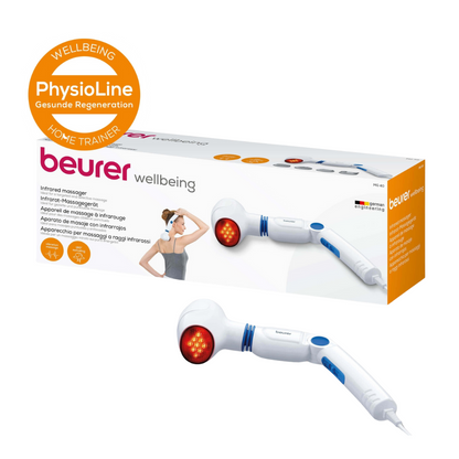 A imagem mostra um dispositivo de massagem infravermelho Beurer MG 40 da Beurer GmbH com um cabo ergonômico e uma cabeça de massagem iluminada em vermelho. Este dispositivo é perfeito para aliviar tensões musculares e está representado tanto no estado original quanto na embalagem. Na embalagem, pode-se ver claramente „PhysioLine“ em letras laranja e „Wellbeing“ em letras brancas.