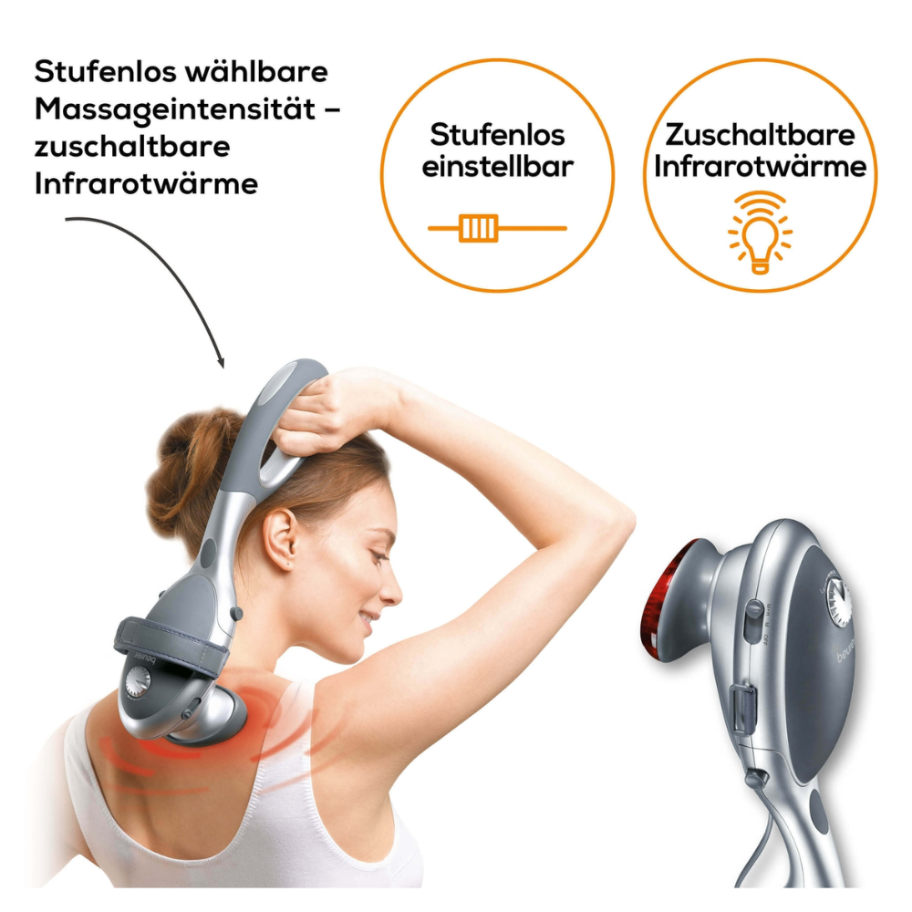 Uma pessoa usa o Beurer Dispositivo de Massagem Infravermelho MG 70 em seu ombro. O texto explica a intensidade ajustável da massagem percussiva e o calor infravermelho opcional do produto da Beurer GmbH. Dois símbolos representam níveis ajustáveis e calor infravermelho. Outra imagem mostra um close do dispositivo de massagem infravermelho com texto em alemão.
