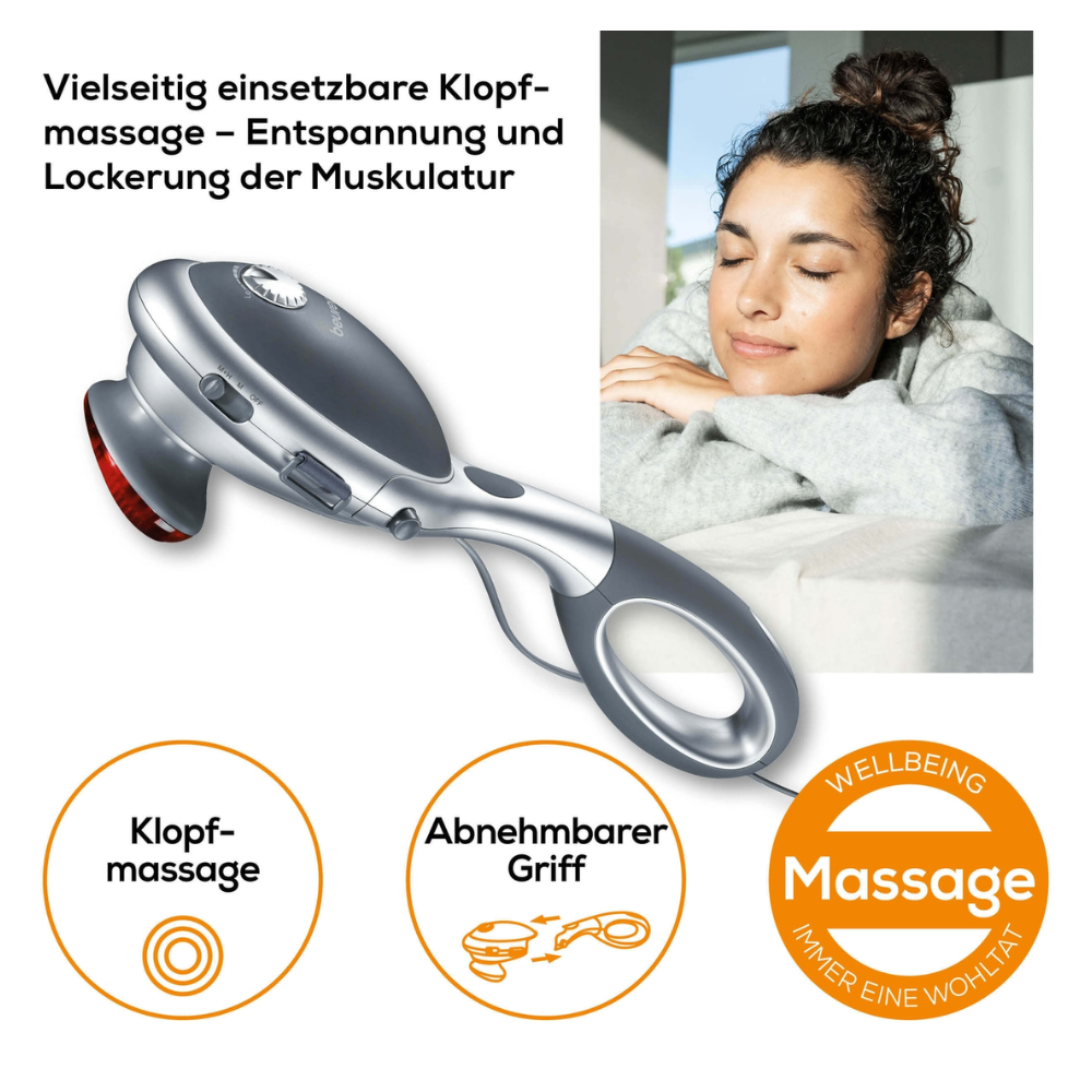 À esquerda, um Beurer Dispositivo de Massagem Infravermelho MG 70 com cabo removível é mostrado. À direita, uma mulher repousa com os olhos fechados e um rosto sorridente sobre as mãos dobradas. O texto está em alemão e destaca vantagens como relaxamento muscular e versatilidade.