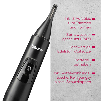 Close-up do aparador de precisão Beurer MN2X em preto com três acessórios de aço inoxidável intercambiáveis. O produto é resistente à água (IP4X), funciona a pilhas e é fornecido com bolsa de armazenamento, escova de limpeza e capas protetoras. Ideal para aparar pelos do nariz e sobrancelhas. Fabricado pela Beurer GmbH.