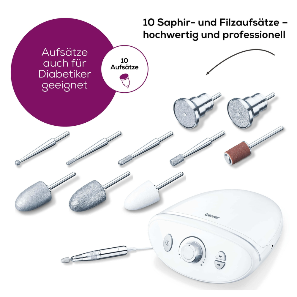 Um dispositivo eletrônico branco com a inscrição "Beurer MP 100 Estação de Manicure/Pedicure | Embalagem (1 peça)" da Beurer GmbH, em torno do qual várias pontas de safira e feltro substituíveis estão dispostas. O texto em alemão destaca 10 pontas de alta qualidade, adequadas para diabéticos, e indica que esta estação de manicure e pedicure é projetada para uso profissional.