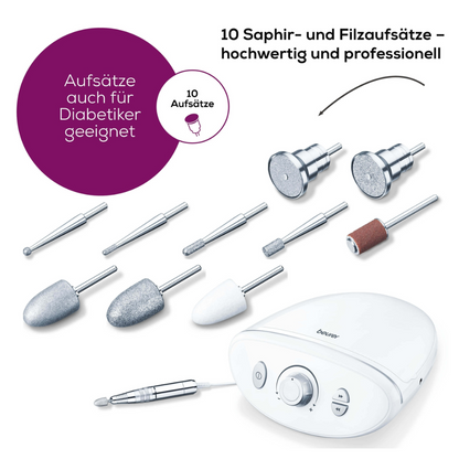 Um dispositivo eletrônico branco com a inscrição "Beurer MP 100 Estação de Manicure/Pedicure | Embalagem (1 peça)" da Beurer GmbH, em torno do qual várias pontas de safira e feltro substituíveis estão dispostas. O texto em alemão destaca 10 pontas de alta qualidade, adequadas para diabéticos, e indica que esta estação de manicure e pedicure é projetada para uso profissional.