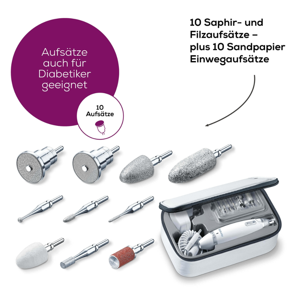 O Beurer MP 62 Manicure/Pedicure set da Beurer GmbH é apresentado com um conjunto de 10 acessórios de cuidados para unhas, incluindo acessórios de safira, feltro e lixa. Estes acessórios são concebidos para se ajustarem ao dispositivo portátil de cuidados de unhas elétrico, que possui uma luz LED e é mostrado numa bolsa com fecho de correr. Este conjunto garante resultados profissionais em casa.