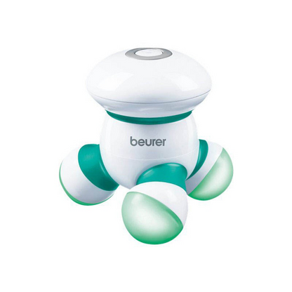 Satz mit aktualisiertem Produto e nome da marca:
Um mini-massajador portátil MG 16 da Beurer GmbH nas cores branco e verde, com design em forma de cogumelo e três cabeças rotativas para massagem.