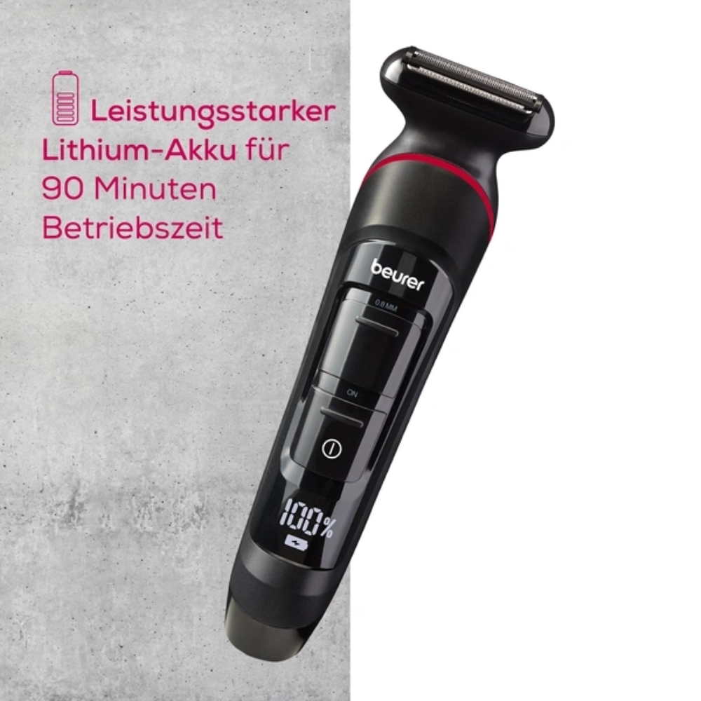 Um Beurer Multigroomer MN9X preto para aparar e barbear (1 peça, Beurer GmbH) está retratado em um fundo cinza claro com texto em alemão: "Bateria de lítio potente para 90 minutos de tempo de operação" - o dispositivo é à prova d'água.