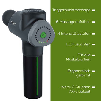Imagem de um dispositivo de massagem muscular portátil preto Beurer MG 180 Massage Gun da Beurer GmbH, com o logotipo "Beurer". As funções listadas à direita em alemão incluem: massagem de ponto de gatilho, 6 cabeçotes de massagem, 4 níveis de intensidade, luzes LED, adequado para todos os músculos, design ergonômico e até 3 horas de duração da bateria.