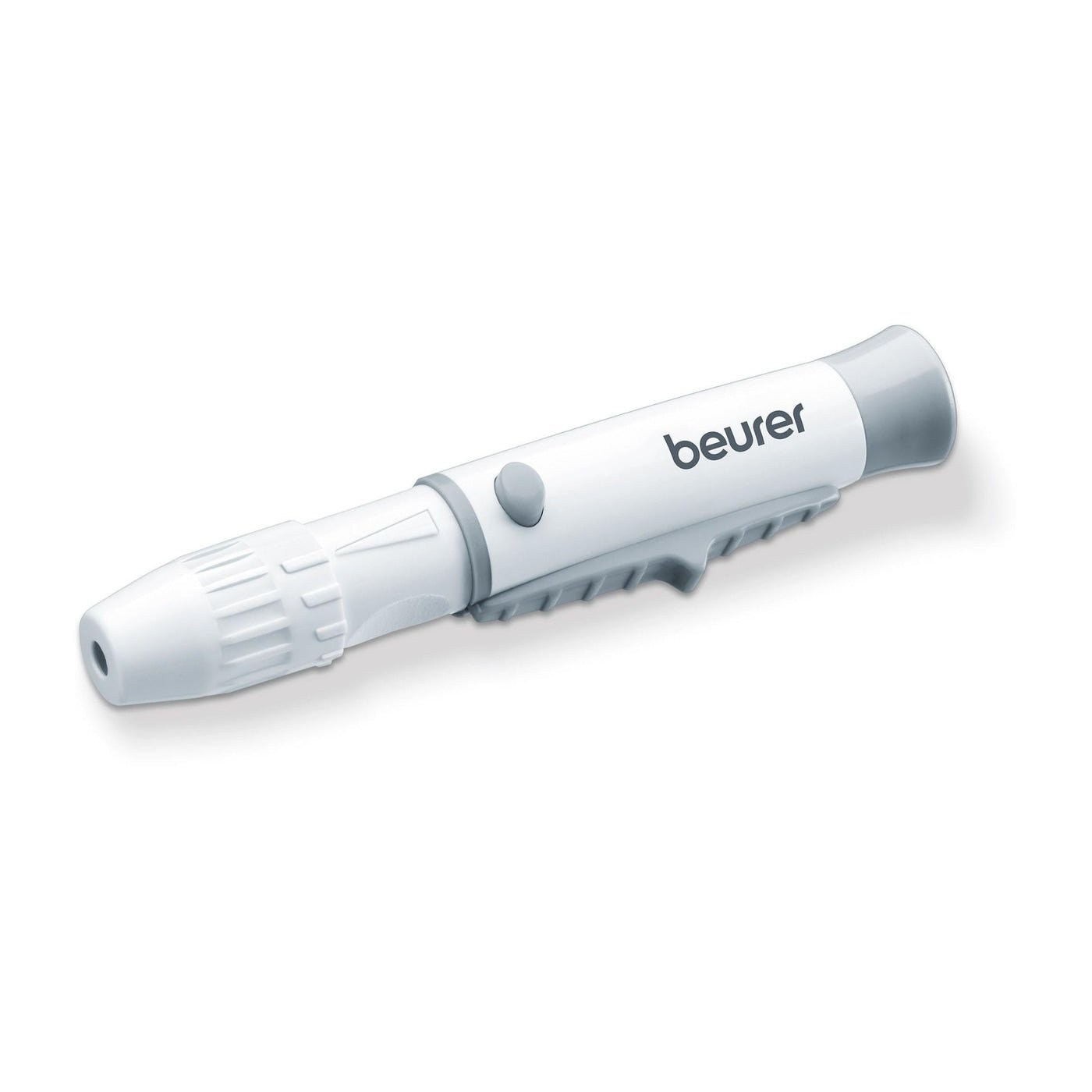 Um artigo descontinuado branco-cinza: O dispositivo de lancetagem Beurer da Beurer GmbH com profundidade ajustável está sobre um fundo branco e serve para perfurar a pele, a fim de obter amostras de sangue para dispositivos de medição de glicose no sangue.