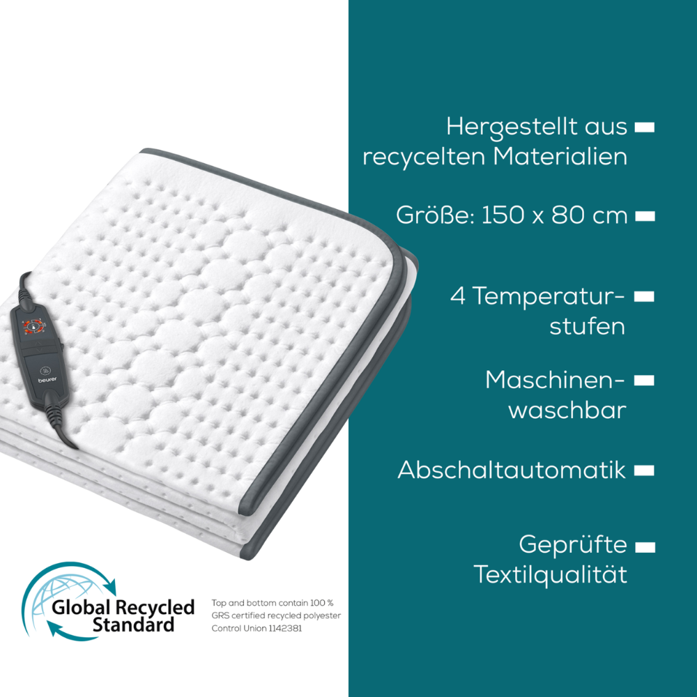 A imagem mostra o aquecedor de cama Beurer UB 60 Green Planet da Beurer GmbH, um almofada térmica retangular com um controle remoto em cima. À direita, as características estão listadas: "Feito de materiais reciclados, Tamanho: 150 x 80 cm, 4 níveis de temperatura, Lavável à máquina, Desligamento automático, Qualidade têxtil certificada. Desfrute de conforto sustentável com o aquecedor de cama Beurer.