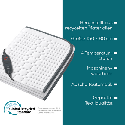 A imagem mostra o aquecedor de cama Beurer UB 60 Green Planet da Beurer GmbH, um almofada térmica retangular com um controle remoto em cima. À direita, as características estão listadas: "Feito de materiais reciclados, Tamanho: 150 x 80 cm, 4 níveis de temperatura, Lavável à máquina, Desligamento automático, Qualidade têxtil certificada. Desfrute de conforto sustentável com o aquecedor de cama Beurer.