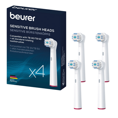 Estão representados uma caixa e quatro cabeças de escova Sensível Beurer individuais da Beurer GmbH. A caixa azul indica que as cabeças de escova são compatíveis com TB 30/TB 50 e todas as escovas de dentes rotativas comuns. As cabeças de escova brancas têm cerdas azuis com um anel vermelho na base, além disso, um conjunto de substituição está disponível.