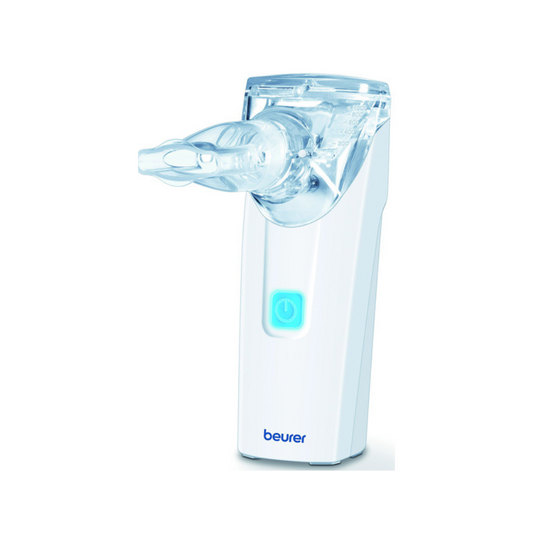 Ein Beurer Inhalator To Go IH 55 | Packung (1 Gerät) von Beurer GmbH in einem weißen Gehäuse mit transparentem Mundstück und Schwingmembran-Technologie. Das Gerät verfügt über einen beleuchteten Einschaltknopf in der Mitte, darunter ist der Markenname „Beurer“ aufgedruckt und bietet eine Selbstreinigungsfunktion für zusätzlichen Komfort.
