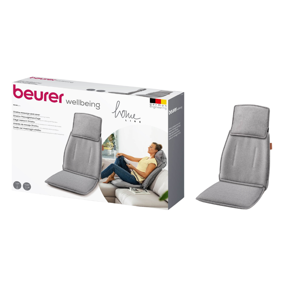 A imagem mostra uma capa de assento de massagem Shiatsu azul Beurer MG 330. O produto é mostrado tanto como produto físico quanto na embalagem, que mostra uma imagem de uma pessoa usando a capa de assento, a marca da Beurer GmbH e detalhes sobre seu sistema de massagem de 4 cabeças com área de pescoço ajustável.