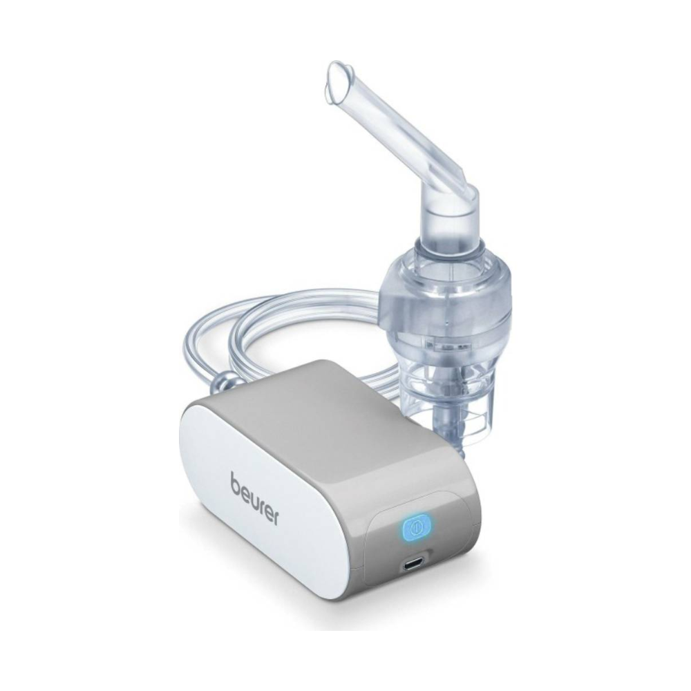 O artigo descontinuado: Beurer pequeno inalador IH 58 da Beurer GmbH é um nebulizador portátil com máscara transparente, tubo, base compacta branco-cinza e estação de carregamento USB - perfeito para o gerenciamento de asma ou doenças respiratórias.