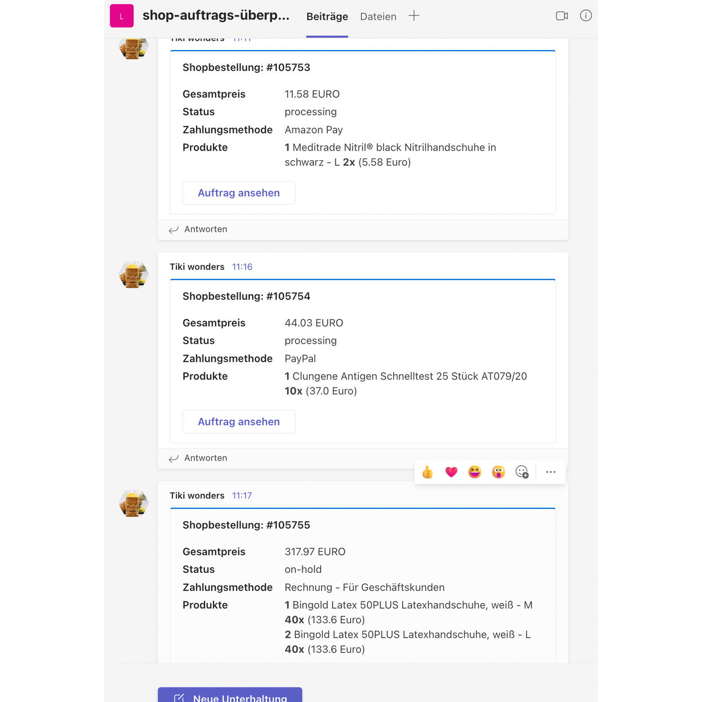 Captura de ecrã de uma plataforma de redes sociais que mostra um tópico sobre encomendas de lojas com TeamsAlert/SlackAlert de Altruan. Vários utilizadores publicam detalhes sobre encomendas, incluindo descrições de produtos, quantidades e preços.