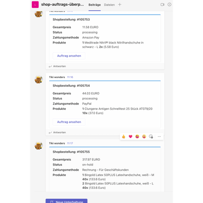 Captura de ecrã de uma plataforma de redes sociais que mostra um tópico sobre encomendas de lojas com TeamsAlert/SlackAlert de Altruan. Vários utilizadores publicam detalhes sobre encomendas, incluindo descrições de produtos, quantidades e preços.