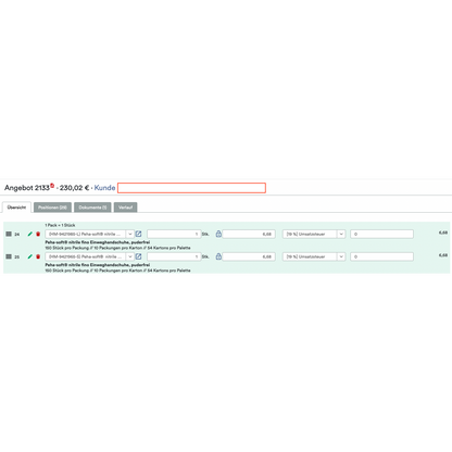 Uma interface B2B WooCommerce alemã da Altruan mostra "Ferramenta de Pedidos B2B Shopify: Ferramenta de pedidos com lembretes de pedidos e preços personalizados para clientes" com as opções quantidade, embalagem, taxa de imposto, preços personalizados; Oferta total: 230,02 € para dois artigos.