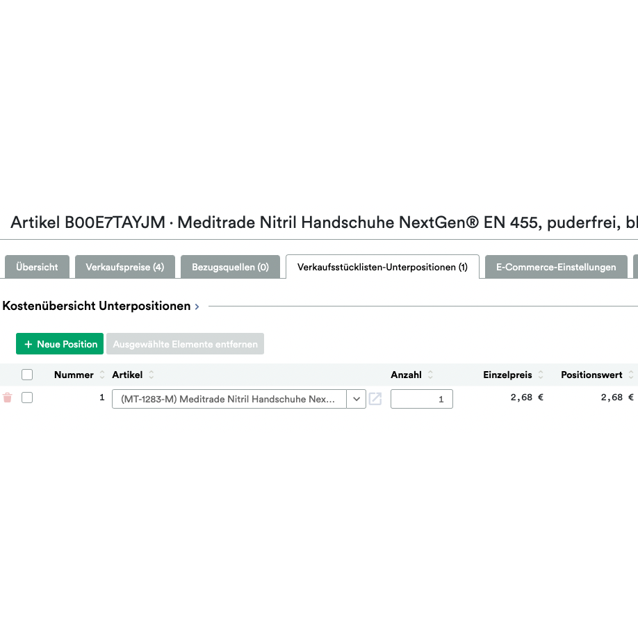 Captura de tela de uma página de site mostrando um pedido para "UnitTable Sync: Weclapp Embalagens e Gerador de Lista de Materiais" com Amazon-ASINS, quantidade e preço em uma visão de grade.