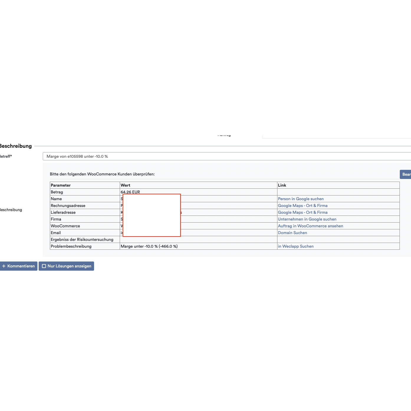Uma captura de ecrã de um site que mostra um formulário de detalhes de fatura com campos como valor, endereço de faturação e outros para "Compra a Crédito", destacado por uma caixa vermelha em torno de uma secção vazia usando o OrderGuardian da Altruan: Sistema de Verificação de Pedidos Weclapp.