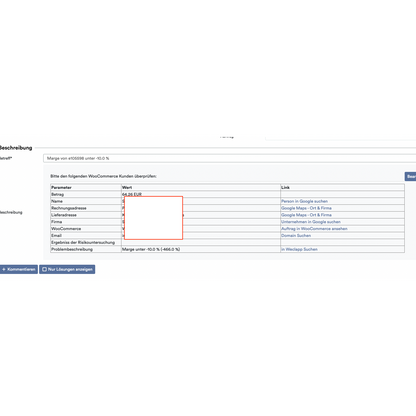 Uma captura de ecrã de um site que mostra um formulário de detalhes de fatura com campos como valor, endereço de faturação e outros para "Compra a Crédito", destacado por uma caixa vermelha em torno de uma secção vazia usando o OrderGuardian da Altruan: Sistema de Verificação de Pedidos Weclapp.