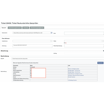 Captura de ecrã da interface de um sistema de bilhetes de um serviço em nuvem, onde são exibidos vários campos como "Detalhes do Bilhete", "Jornal" e "Cliente", com informações sobre uma transação, incluindo o custo dos artigos, destacadas em um campo vermelho. O OrderGuardian da Altruan é utilizado.