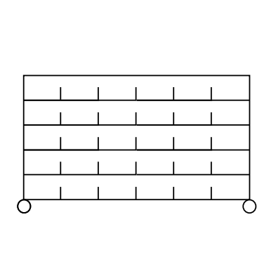Um diagrama preto e branco mostra uma grade 5x5 com círculos em cada canto inferior, ilustrando o carrinho de prateleiras Novocal feito de aço de precisão, niquelado e cromado de alto brilho, com 4 postes de canto (1 peça).