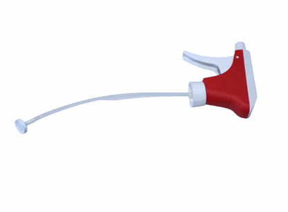 O pulverizador Altruan K3 (branco e vermelho), uma cabeça de pulverização de plástico com rosca de 25 mm, filtro de sucção e tubo de imersão de 21,5 cm, está ilustrado em um fundo branco simples.