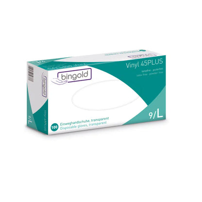 Uma caixa de luvas descartáveis Bingold Vinyl 45PLUS, tamanho 9/L, da BINGOLD GmbH + Co. KG. A embalagem é predominantemente branca com acentos verdes e azuis, marcada como alternativa ao látex e sem pó. Contém 100 luvas de vinil transparentes.