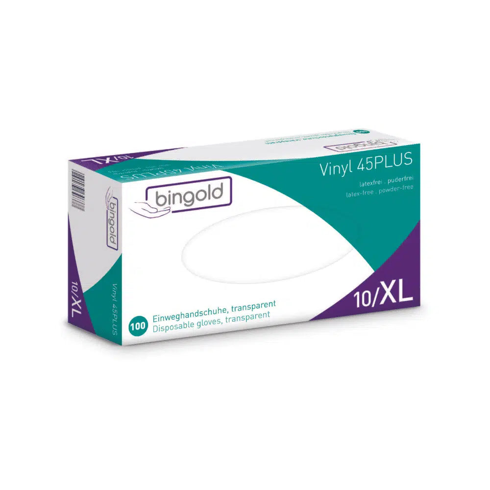 Uma caixa de luvas descartáveis Bingold Vinyl 45PLUS no tamanho XL, com uma embalagem branco-azul-verde com acentos violetas, promove estas luvas como uma alternativa sem látex e sem pó ao látex. A embalagem contém 100 luvas transparentes.