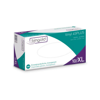 Uma caixa de luvas descartáveis Bingold Vinyl 45PLUS no tamanho XL, com uma embalagem branco-azul-verde com acentos violetas, promove estas luvas como uma alternativa sem látex e sem pó ao látex. A embalagem contém 100 luvas transparentes.