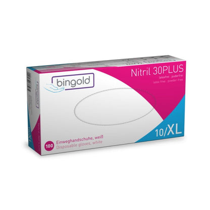 Uma caixa Bingold Nitril 30PLUS da BINGOLD GmbH + Co. KG contém 100 luvas descartáveis brancas, sem látex e sem pó, de tamanho 10/XL em uma embalagem predominantemente branca com acentos rosa e azul. Elas são ideais para o processamento de alimentos e oferecem proteção contra riscos químicos.