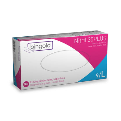 As luvas descartáveis Bingold Nitril 30PLUS, tamanho 9/L, da BINGOLD GmbH + Co. KG, são ideais para a indústria alimentícia. A embalagem branca com acentos violetas e azuis possui texto em alemão e inglês. Estas luvas azul-cobalto são sem látex e sem pó.