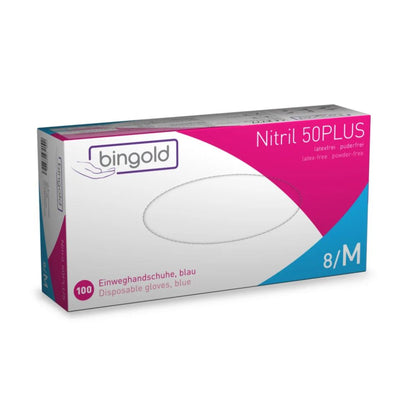 Uma caixa de luvas descartáveis Bingold Nitril 50PLUS, Azul da BINGOLD GmbH + Co. KG contém 100 luvas azuis, tamanho 8/M. A caixa azul e branca com acentos vermelhos traz a inscrição "sem látex, sem pó" e serve para proteção contra perigos químicos com textos em alemão e inglês.