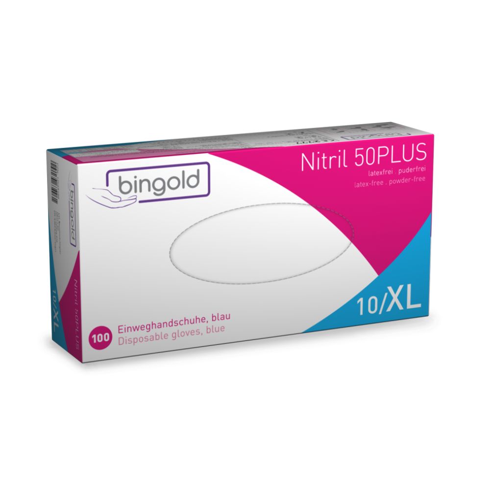 A caixa de luvas descartáveis Bingold Nitril 50PLUS da BINGOLD GmbH + Co. KG predominantemente azul e branca com uma faixa magenta contém 100 luvas azuis sem látex e sem pó do tamanho 10/XL para o manuseio seguro de riscos químicos.