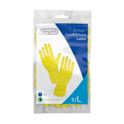 Na embalagem das luvas de proteção de látex da BINGOLD GmbH + Co. KG, aparecem luvas amarelas no tamanho 9/L com a inscrição «1 par» e «De matérias-primas renováveis», com o design de proteção contra produtos químicos em azul e branco.