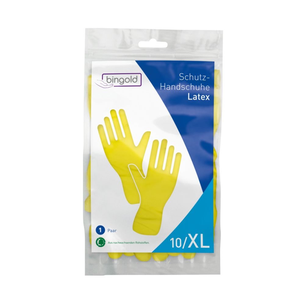 As luvas de proteção Bingold de látex, amarelas, no tamanho XL, estão embaladas num invólucro transparente e providas de uma etiqueta na qual estão representadas luvas amarelas. O texto da etiqueta «Luvas de proteção de látex» sublinha a sua finalidade de utilização como luvas de proteção contra produtos químicos. Contém um par. Marca: BINGOLD GmbH + Co. KG.